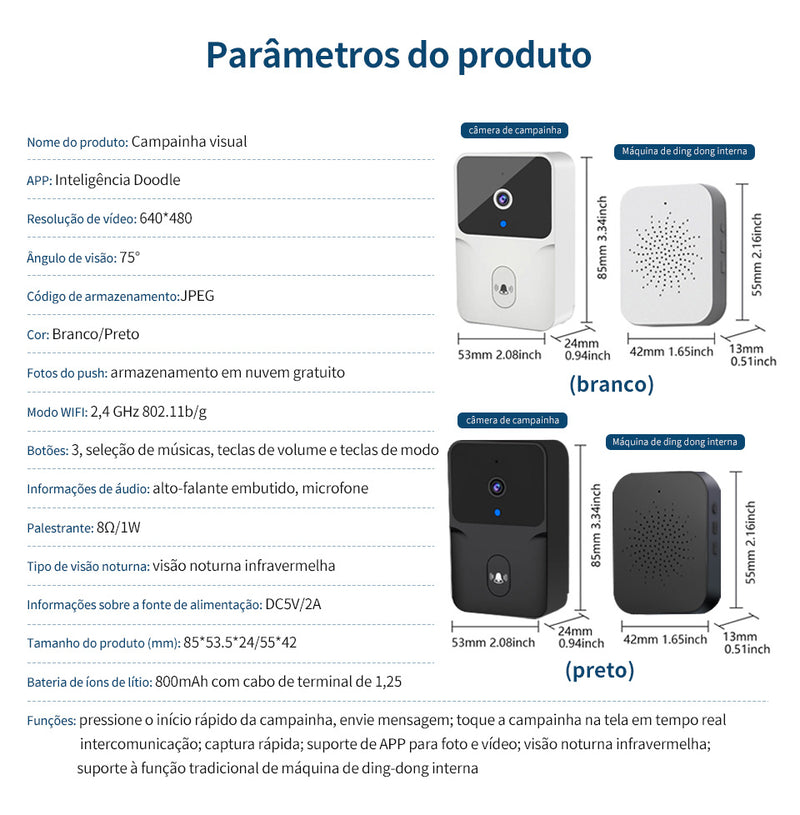 Campainha Interfone com Vídeo Inteligente Câmera HD Sem Fio