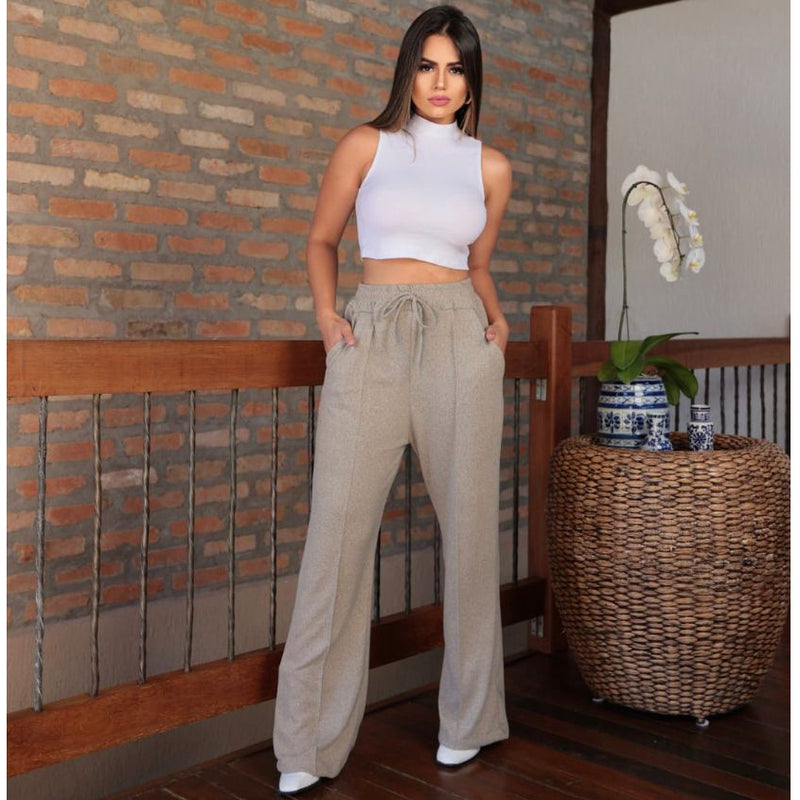 Calça Feminina Pantalona Wide Leg Lanzinha Lã Cintura Alta