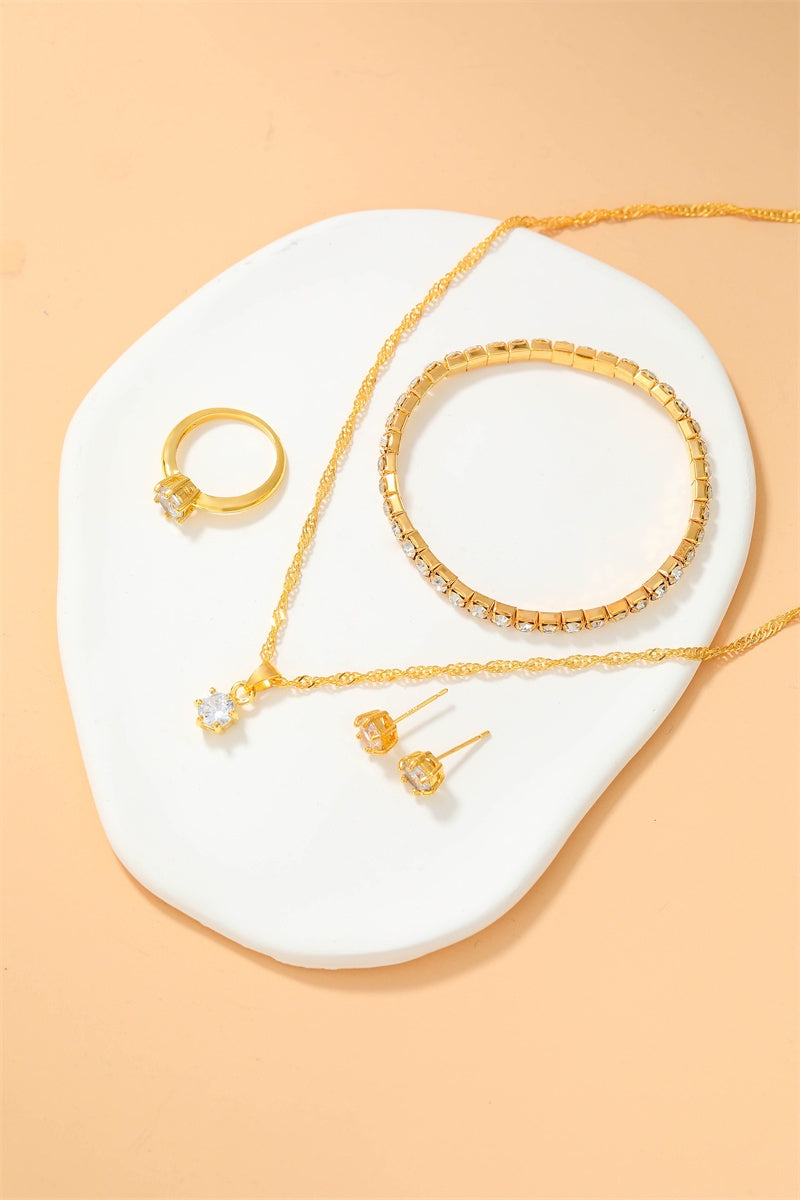 Conjunto de Relógio Feminino +Colar+Pulseira+Brinco+Anel Dourado com Predas Precisosas