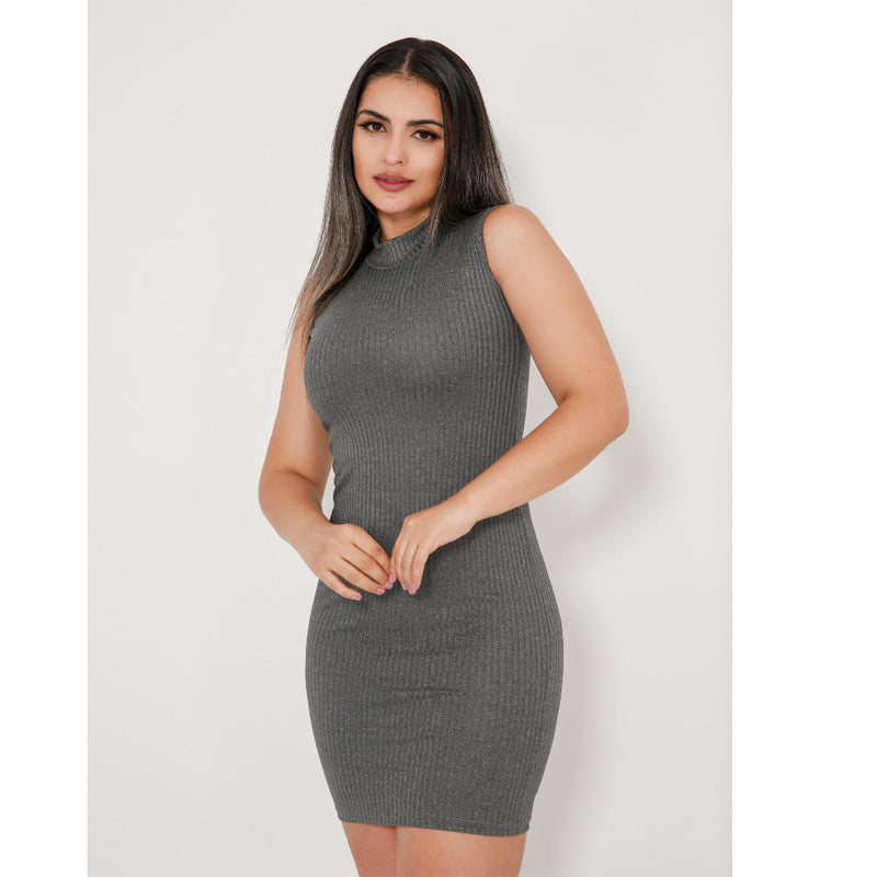 Vestido Midi Gola Alta Canelado Feminino